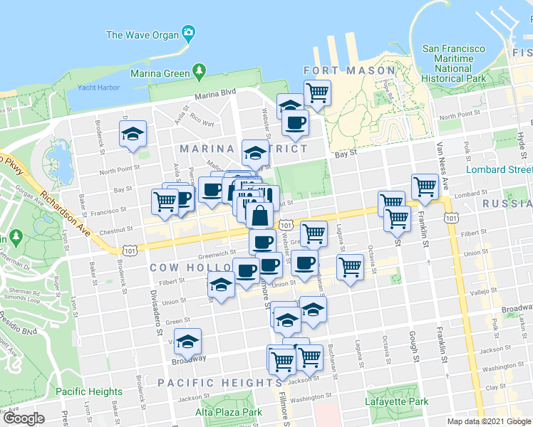map of restaurants, bars, coffee shops, grocery stores, and more near in San Francisco