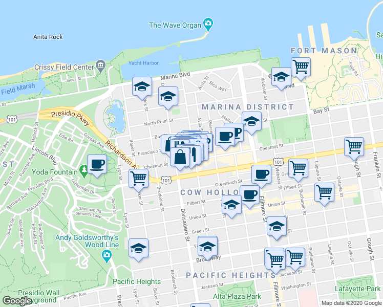 map of restaurants, bars, coffee shops, grocery stores, and more near 2355 Chestnut Street in San Francisco