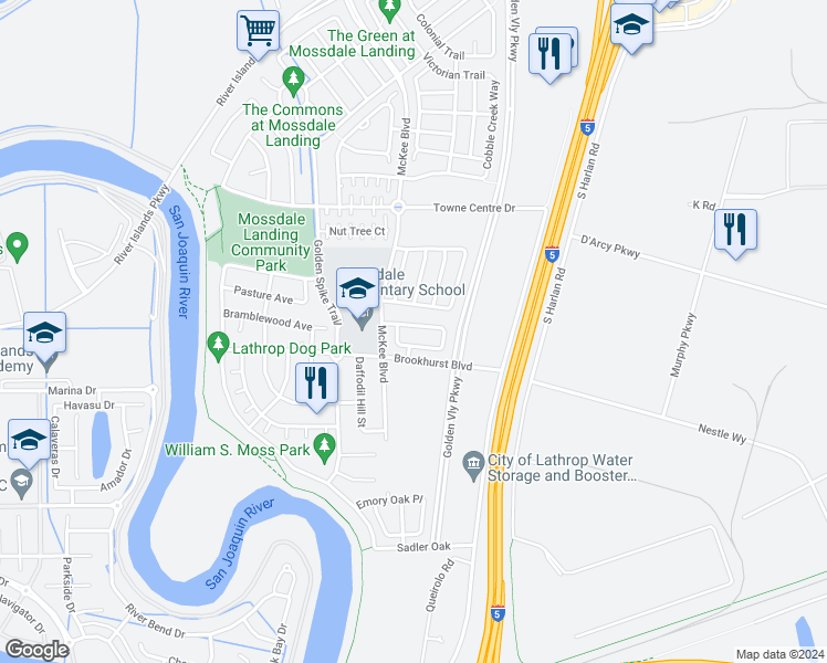 map of restaurants, bars, coffee shops, grocery stores, and more near 312 American Farms Avenue in Lathrop