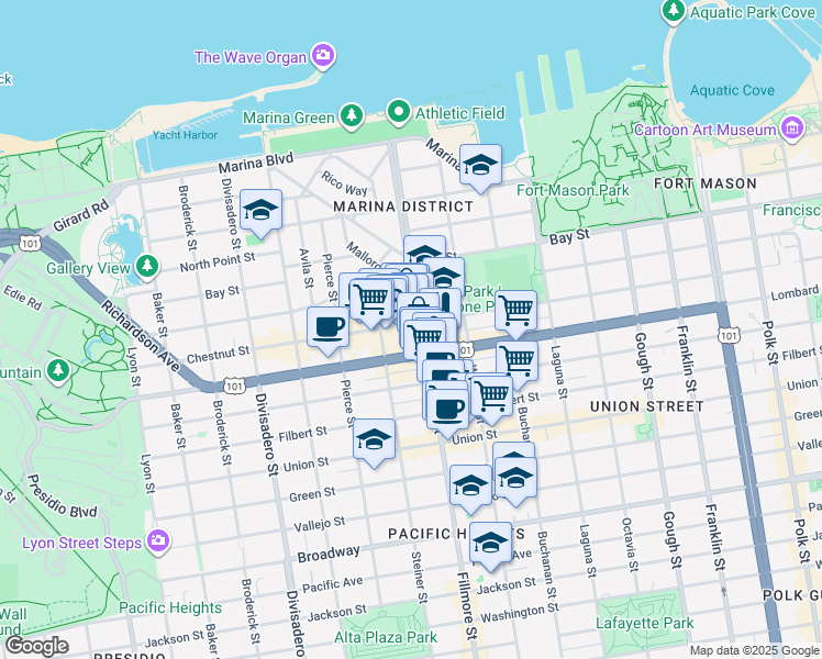 map of restaurants, bars, coffee shops, grocery stores, and more near 2027 Chestnut Street in San Francisco