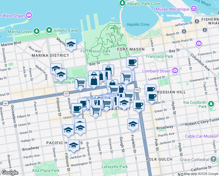 map of restaurants, bars, coffee shops, grocery stores, and more near 1633 Lombard Street in San Francisco