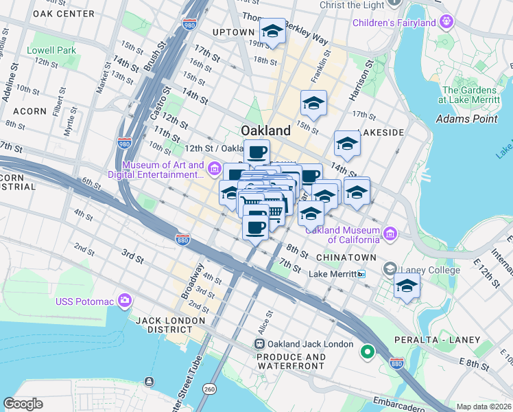map of restaurants, bars, coffee shops, grocery stores, and more near 2 9th Street in Oakland