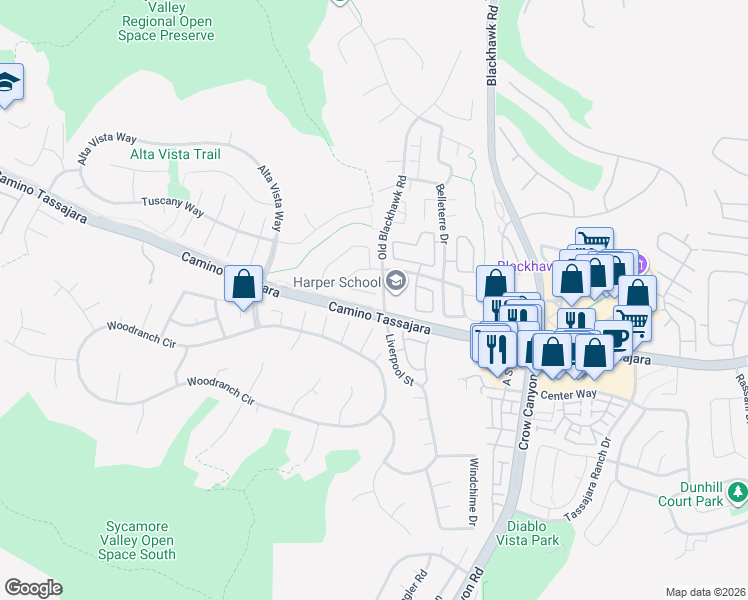 map of restaurants, bars, coffee shops, grocery stores, and more near 125 Siena Place in Danville