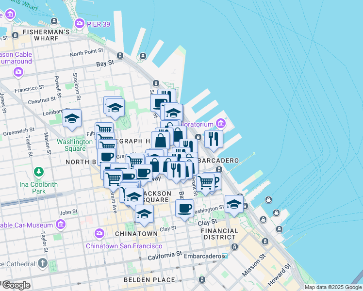 map of restaurants, bars, coffee shops, grocery stores, and more near 50 Green Street in San Francisco