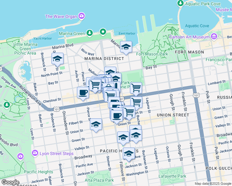 map of restaurants, bars, coffee shops, grocery stores, and more near in San Francisco