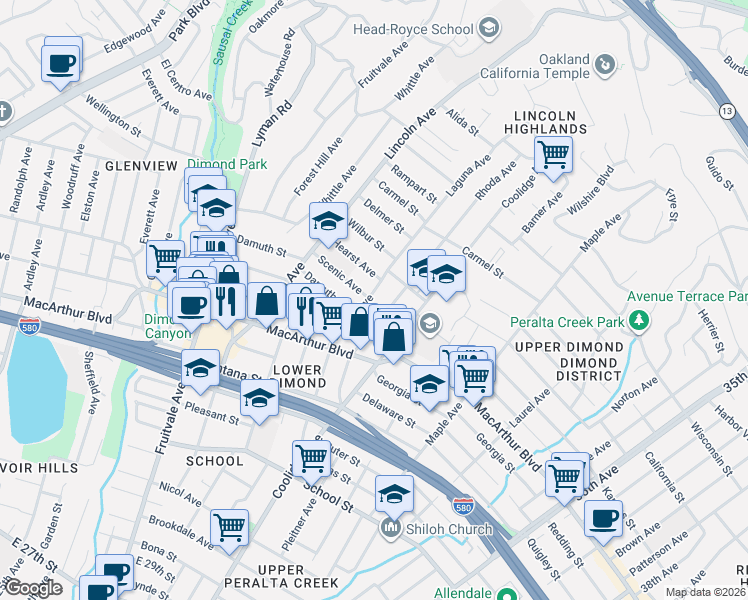 map of restaurants, bars, coffee shops, grocery stores, and more near 3600 Laguna Avenue in Oakland