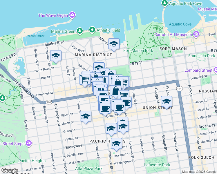 map of restaurants, bars, coffee shops, grocery stores, and more near 2020 Lombard Street in San Francisco