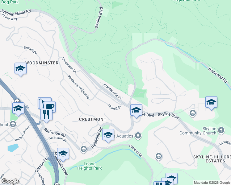 map of restaurants, bars, coffee shops, grocery stores, and more near 298 Stantonville Drive in Oakland
