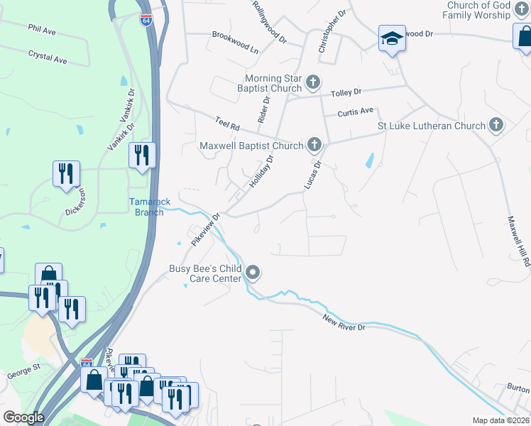 map of restaurants, bars, coffee shops, grocery stores, and more near 606 Pikeview Drive in Beckley
