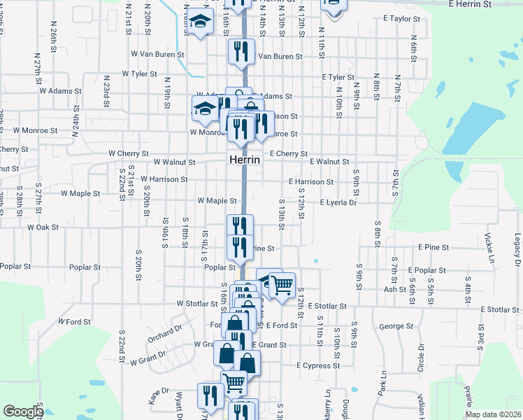 map of restaurants, bars, coffee shops, grocery stores, and more near 199 East Lyerla Drive in Herrin