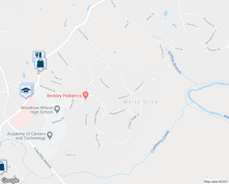 map of restaurants, bars, coffee shops, grocery stores, and more near 32 Avocet Way in Beckley