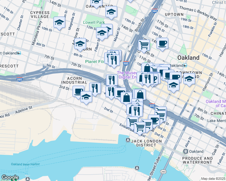 map of restaurants, bars, coffee shops, grocery stores, and more near 721 5th Street in Oakland