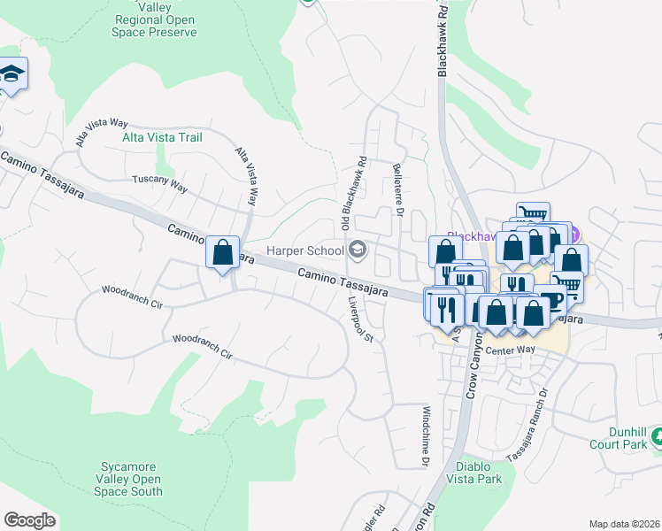 map of restaurants, bars, coffee shops, grocery stores, and more near 121 Siena Pl in Danville