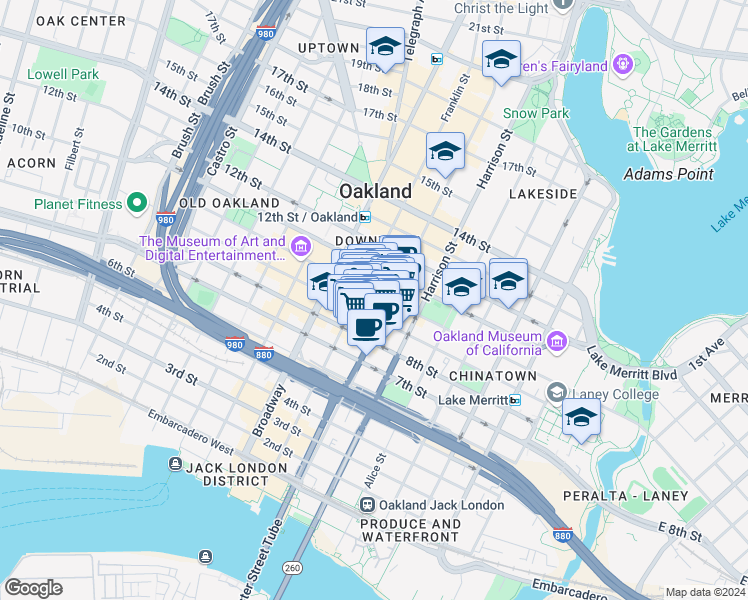 map of restaurants, bars, coffee shops, grocery stores, and more near 989 Webster Street in Oakland