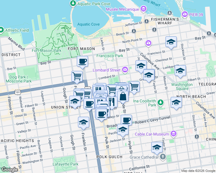 map of restaurants, bars, coffee shops, grocery stores, and more near 2409 Larkin Street in San Francisco