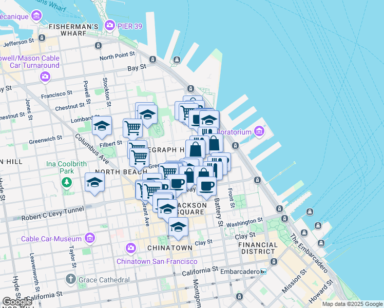 map of restaurants, bars, coffee shops, grocery stores, and more near 225 Green Street in San Francisco