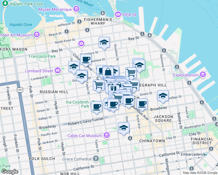 map of restaurants, bars, coffee shops, grocery stores, and more near 673 Union Street in San Francisco