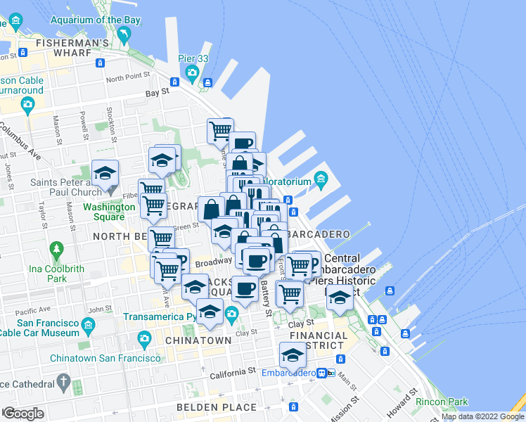 map of restaurants, bars, coffee shops, grocery stores, and more near 50 Green Street in San Francisco