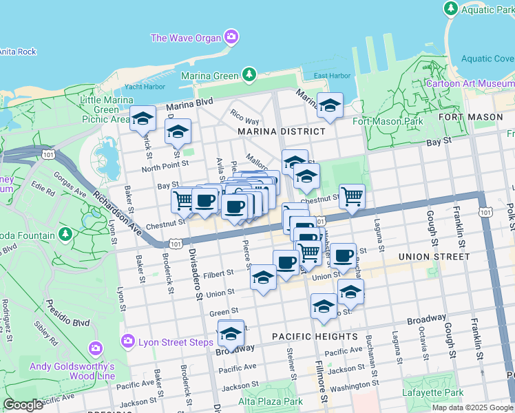map of restaurants, bars, coffee shops, grocery stores, and more near 3237 Pierce Street in San Francisco