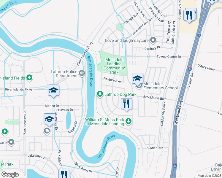 map of restaurants, bars, coffee shops, grocery stores, and more near 17643 Wheat Field Street in Lathrop