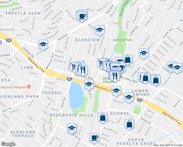 map of restaurants, bars, coffee shops, grocery stores, and more near 3458 Morrison Avenue in Oakland