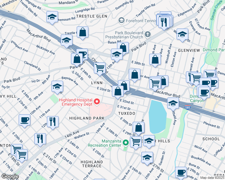 map of restaurants, bars, coffee shops, grocery stores, and more near 1430 East 32nd Street in Oakland