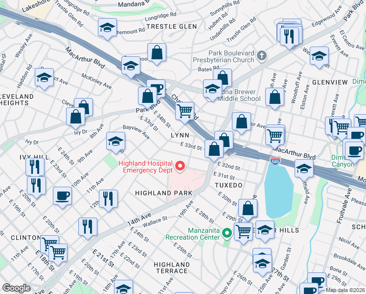 map of restaurants, bars, coffee shops, grocery stores, and more near 1373 East 32nd Street in Oakland