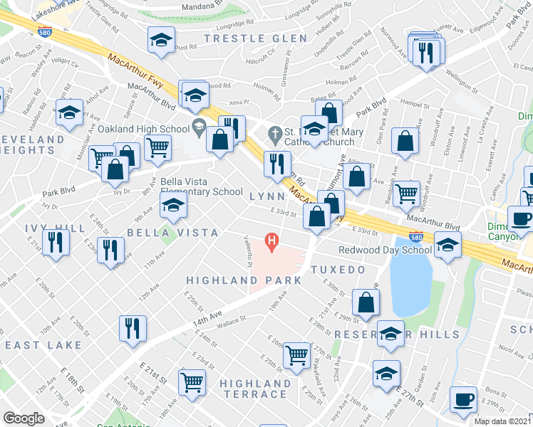 map of restaurants, bars, coffee shops, grocery stores, and more near 1373 East 32nd Street in Oakland