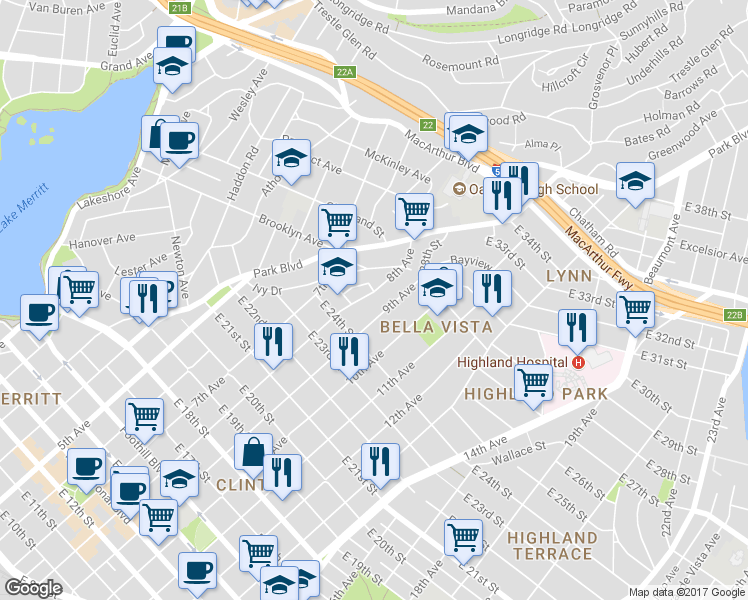map of restaurants, bars, coffee shops, grocery stores, and more near 2429 9th Avenue in Oakland