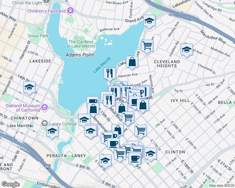 map of restaurants, bars, coffee shops, grocery stores, and more near 250 East 18th Street in Oakland