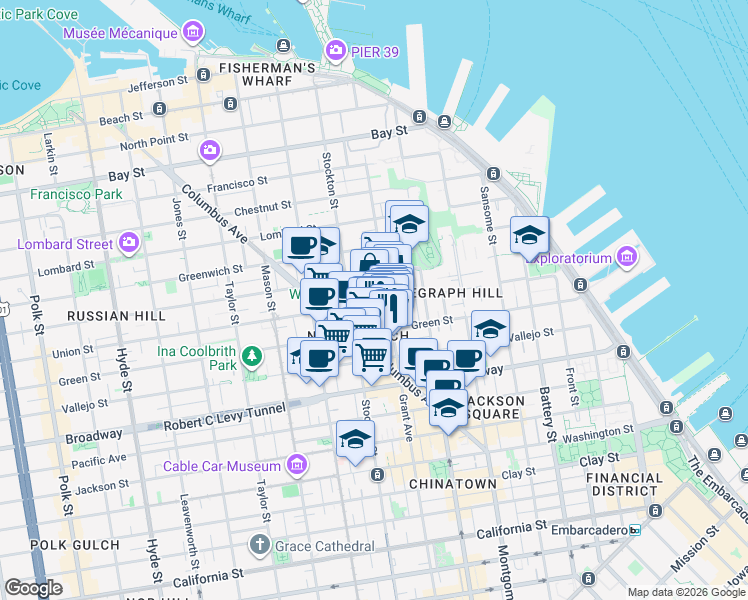 map of restaurants, bars, coffee shops, grocery stores, and more near 1425 Grant Avenue in San Francisco