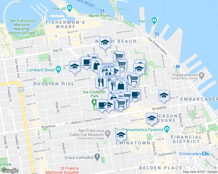 map of restaurants, bars, coffee shops, grocery stores, and more near 769 Union Street in San Francisco