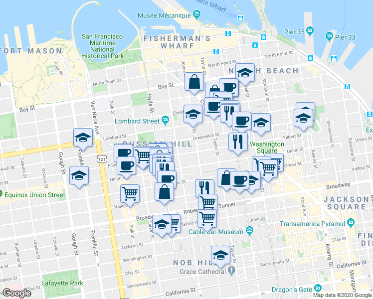 map of restaurants, bars, coffee shops, grocery stores, and more near 1041 Filbert Street in San Francisco