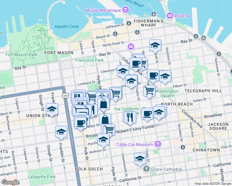 map of restaurants, bars, coffee shops, grocery stores, and more near 14A Havens Street in San Francisco