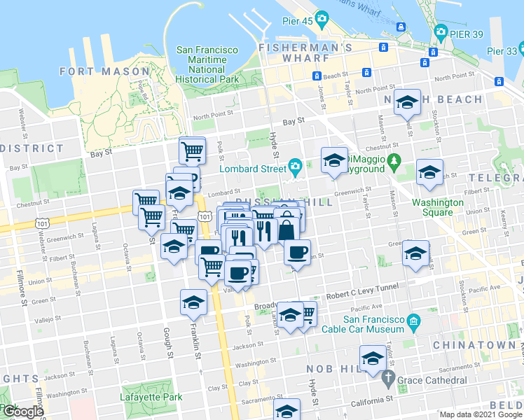 map of restaurants, bars, coffee shops, grocery stores, and more near in San Francisco