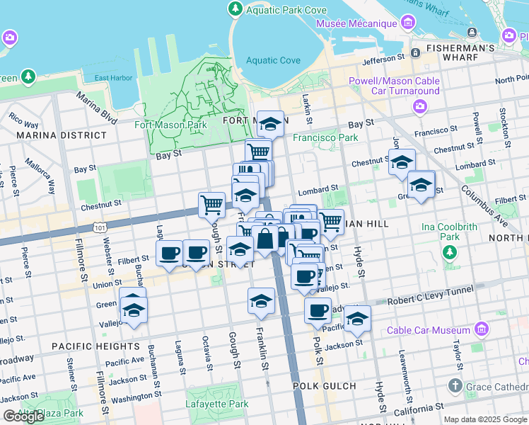map of restaurants, bars, coffee shops, grocery stores, and more near 2642 Van Ness Avenue in San Francisco