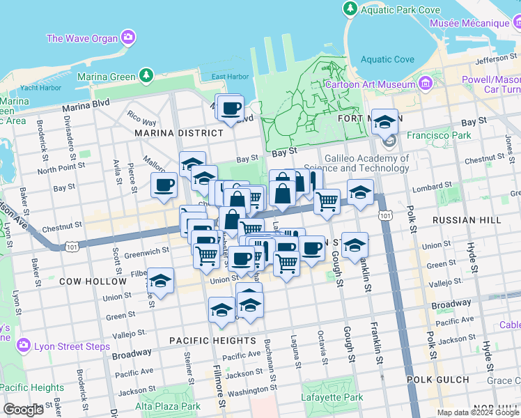 map of restaurants, bars, coffee shops, grocery stores, and more near 3137 Laguna Street in San Francisco