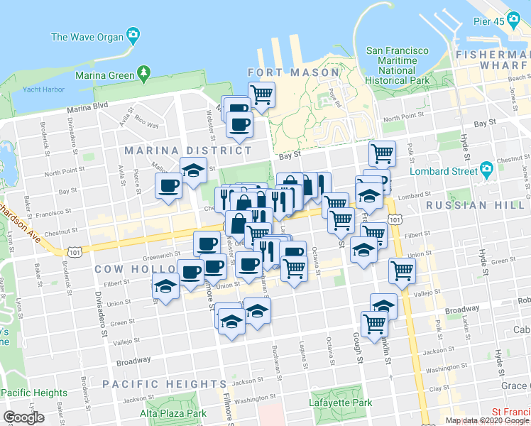 map of restaurants, bars, coffee shops, grocery stores, and more near 3137 Laguna Street in San Francisco