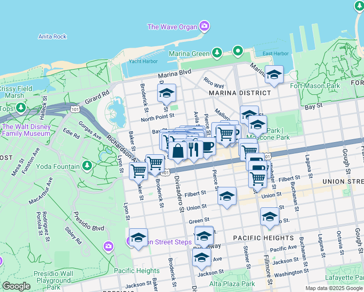 map of restaurants, bars, coffee shops, grocery stores, and more near 2355 Chestnut Street in San Francisco