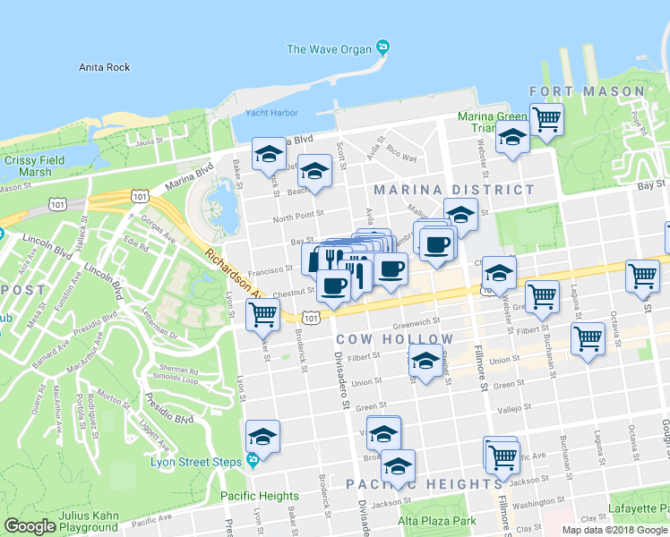 map of restaurants, bars, coffee shops, grocery stores, and more near 2355 Chestnut Street in San Francisco
