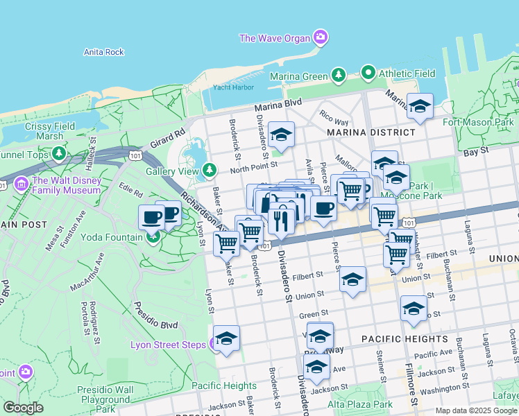 map of restaurants, bars, coffee shops, grocery stores, and more near 2430 Chestnut Street in San Francisco