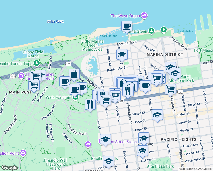 map of restaurants, bars, coffee shops, grocery stores, and more near 3157 Baker Street in San Francisco