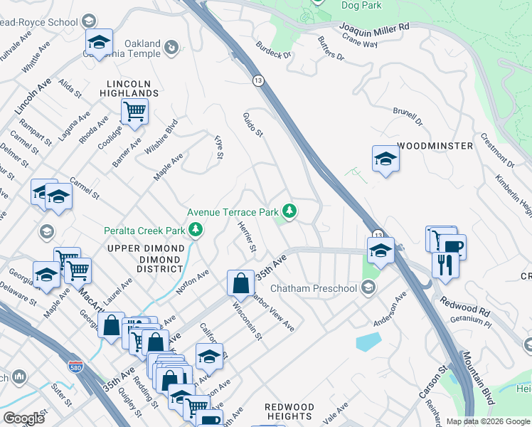map of restaurants, bars, coffee shops, grocery stores, and more near 3357 Jordan Road in Oakland