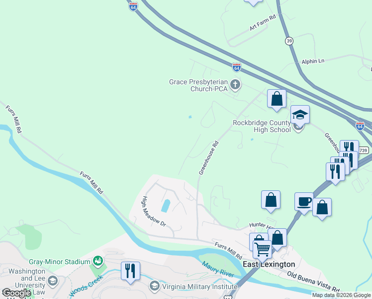 map of restaurants, bars, coffee shops, grocery stores, and more near 48 Woodridge Lane in Lexington