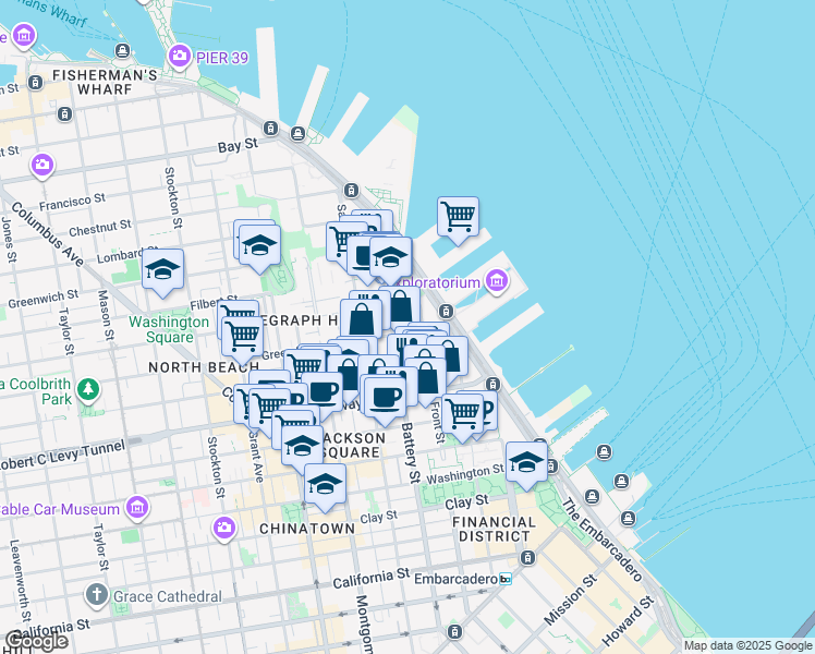 map of restaurants, bars, coffee shops, grocery stores, and more near 50 Green Street in San Francisco