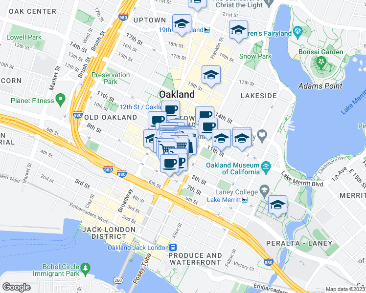 map of restaurants, bars, coffee shops, grocery stores, and more near 989 Webster Street in Oakland
