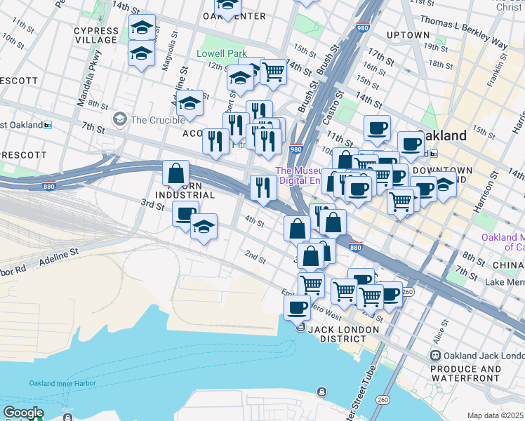 map of restaurants, bars, coffee shops, grocery stores, and more near 745 5th Street in Oakland
