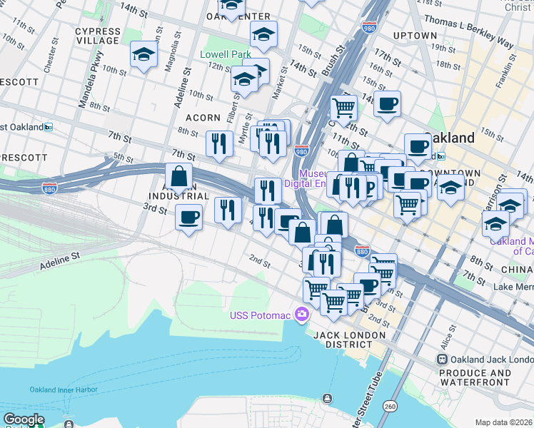 map of restaurants, bars, coffee shops, grocery stores, and more near 407 Castro Street in Oakland