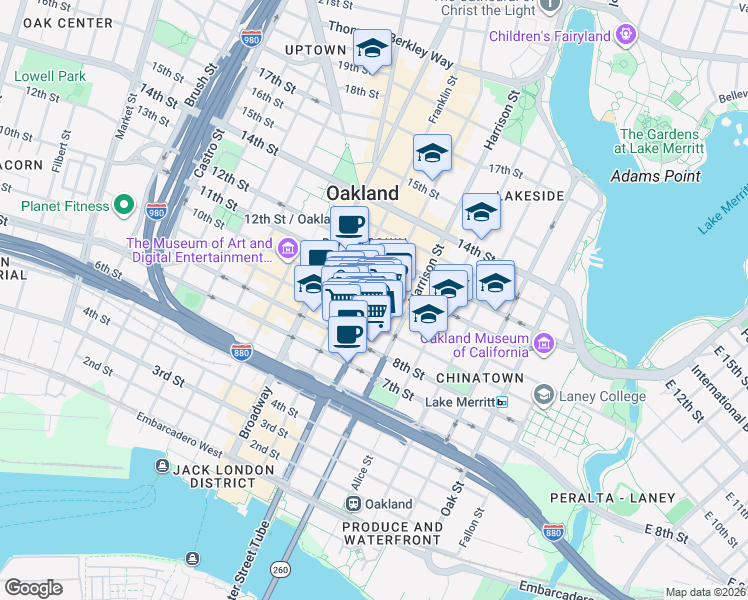 map of restaurants, bars, coffee shops, grocery stores, and more near 989 Webster Street in Oakland