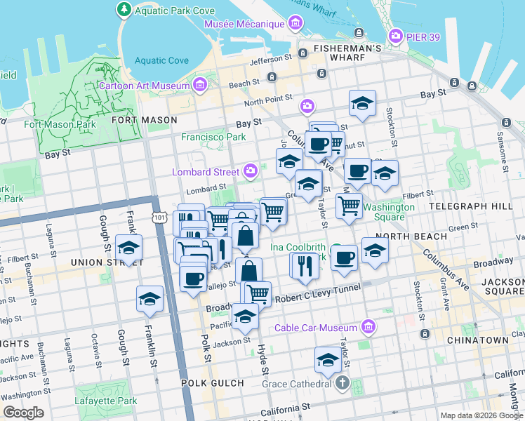 map of restaurants, bars, coffee shops, grocery stores, and more near 2133 Leavenworth Street in San Francisco